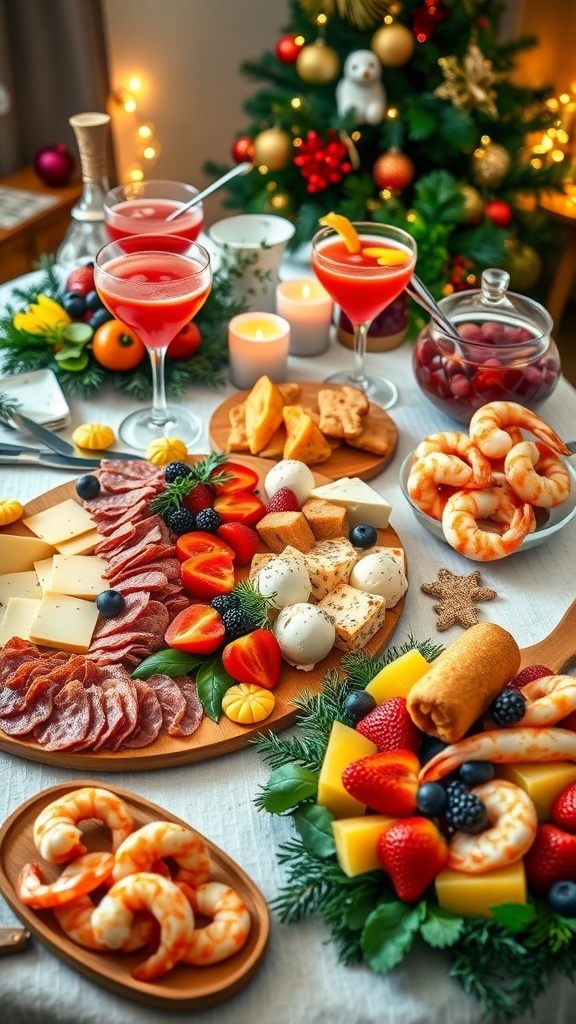 Festive Cold Christmas Dinner Ideas A festive cold Christmas dinner spread with charcuterie, shrimp cocktail, Caprese salad, and fruit platter.